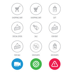 Fototapeta premium Shopping cart, gift bag and sale coupon icons. Special offer label linear signs. Discount icon. Video cam, hazard attention and internet globe icons. Vector