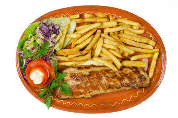 pork stuffed with cheese in a decorated plate with fries