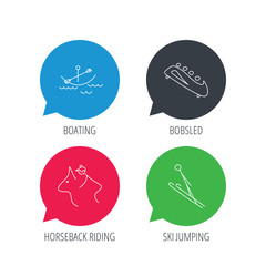 Colored speech bubbles. Boating, horseback riding and bobsled icons. Ski jumping linear sign. Flat web buttons with linear icons. Vector