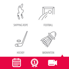 Achievement and video cam signs. Skipping rope, football and ice hockey icons. Badminton linear sign. Calendar icon. Vector