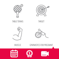 Achievement and video cam signs. Target, table tennis and biceps icons. Gymnastics for pregnant linear sign. Calendar icon. Vector