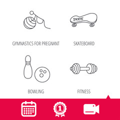 Achievement and video cam signs. Bowling, skateboard and fitness sport icons. Gymnastics for pregnant linear sign. Calendar icon. Vector