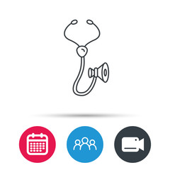 Stethoscope icon. Medical doctor equipment sign. Pulmology symbol. Group of people, video cam and calendar icons. Vector