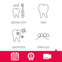 Achievement and video cam signs. Dental floss, tooth and healthy teeth icons. Brushing teeth linear sign. Calendar icon. Vector
