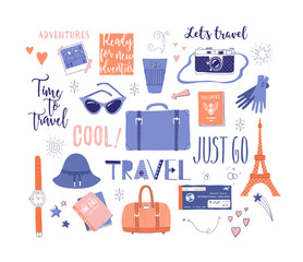 Vector set on the theme of travel , vacation, adventure. Retro 50's style. Hand drawn, travel lettering. Suitcase, bag, camera, clothes and other stuff. Doodles. - 128406939