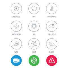 Weather, sun and rain icons. Moon night, clouds and water drops linear signs. Wind, snowflakes and thermometer flat line icons. Video cam, hazard attention and internet globe icons. Vector
