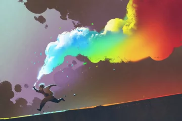 Tuinposter boy running and holding up colorful smoke flare on dark background,illustration painting © grandfailure