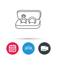 Wedding rings icon. Jewelry with diamond sign. Marriage symbol. Group of people, video cam and calendar icons. Vector