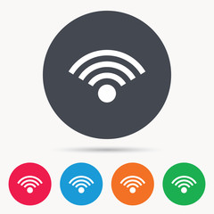 Wifi icon. Wireless internet sign. Communication technology symbol. Colored circle buttons with flat web icon. Vector