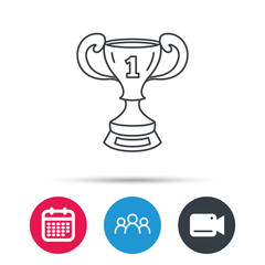 Winner cup icon. First place award sign. Victory achievement symbol. Group of people, video cam and calendar icons. Vector