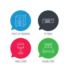 Colored speech bubbles. Double bed, table lamp and TV table icons. Chest of drawers linear sign. Flat web buttons with linear icons. Vector