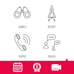 Achievement and video cam signs. Phone call, chat speech bubble and binoculars icons. Rocket linear sign. Calendar icon. Vector
