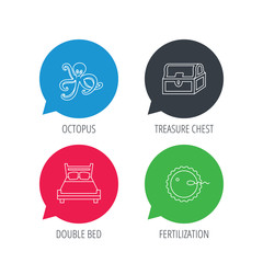 Colored speech bubbles. Fertilization, double bed and octopus icons. Treasure chest linear signs. Flat web buttons with linear icons. Vector