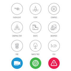 Fototapeta premium Maple tree, fishing float and hiking boots icons. Compass, flashlight and fire linear signs. Camping tent, fish and backpack icons. Video cam, hazard attention and internet globe icons. Vector