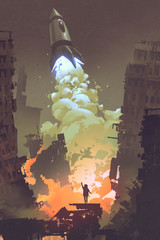 Fototapeta premium kid waving goodbye and standing in front of a space rocket launch take off,illustration painting