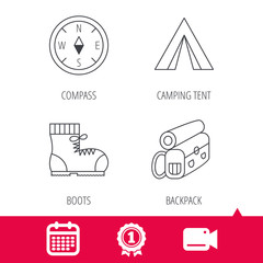 Achievement and video cam signs. Compass, camping tent and hiking boots icons. Backpack linear sign. Calendar icon. Vector