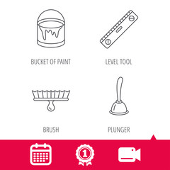 Achievement and video cam signs. Level tool, plunger and brush tool icons. Bucket of paint linear sign. Calendar icon. Vector