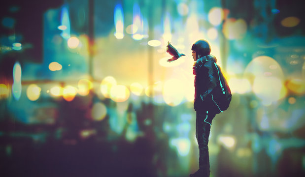 futuristic girl and a bird look each other in the eyes on night city background,illustration painting