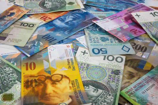 PLN and CHF banknotes as background