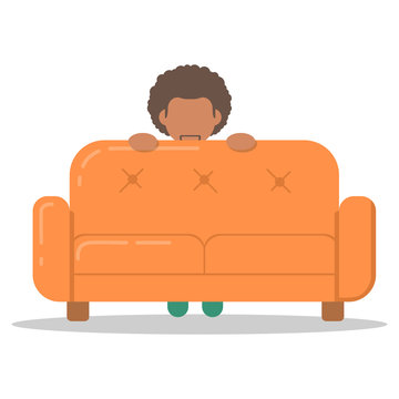 Icon afro man hiding behind on couch in room flat style. Vector logo character on sofa in cartoon style  illustration.