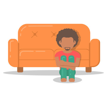 Icon afro man fear on couch in room flat style. Vector logo character on sofa in cartoon style  illustration.