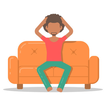 Icon afro man furious on couch in room flat style. Vector logo character on sofa in cartoon style  illustration.