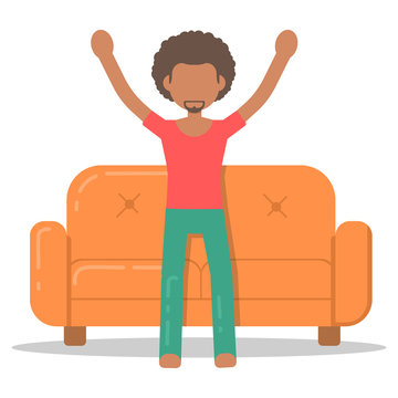 Icon afro man happy on couch in room flat style. Vector logo character on sofa in cartoon style  illustration.