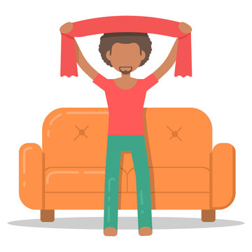 Icon afro man happy on couch in room flat style. Vector logo character on sofa in cartoon style  illustration.