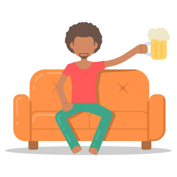 Icon afro man drinking beer on couch in room flat style. Vector logo character on sofa in cartoon style  illustration.