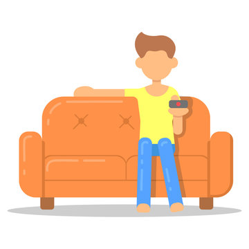 Icon with fashion hairstyle man relax on couch in room flat style. Vector logo character on sofa in cartoon style  illustration.