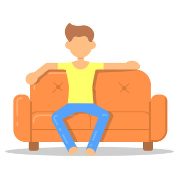 Icon with fashion hairstyle man relax on couch in room flat style. Vector logo character on sofa in cartoon style  illustration.