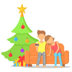 Love couple sitting on the sofa near the Christmas tree on Christmas eve. Icon with a festive interior.