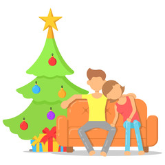 Love couple sitting on the sofa near the Christmas tree on Christmas eve. Icon with a festive interior.