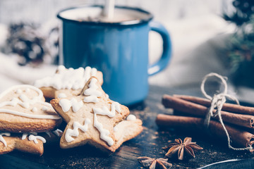 Christmas composition with gingerbread and cup of cocoa
