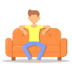 Icon with fashion hairstyle man relax on couch in room flat style. Vector logo character on sofa in cartoon style  illustration.