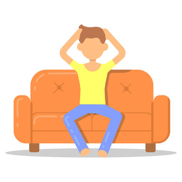 Icon with fashion hairstyle man furious on couch in room flat style. Vector logo character on sofa in cartoon style  illustration.