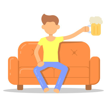 Icon with fashion hairstyle man drinking beer on couch in room flat style. Vector logo character on sofa in cartoon style  illustration.