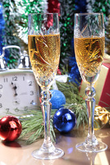 Celebration. the glasses of champagne,wine and gift box.