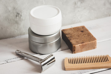 Wooden desktop with tools for shaving beards