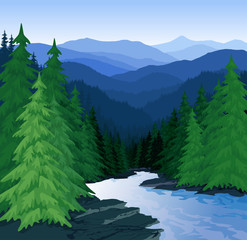 vector evening in beautiful mountains forest with river