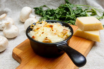 Russian traditional dish - julienne of chicken, mushrooms and cr