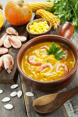 Pumpkin soup-puree with shrimp