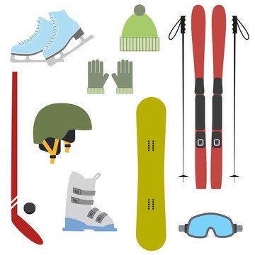 Winter colorful sports icons on white background.