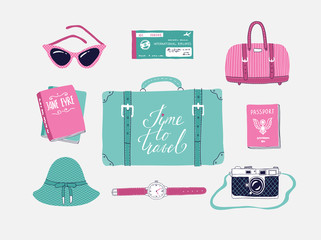 Retro set of vector illustrations about travel , vacation, adventure. Retro 50's style. Hand drawn, travel lettering. Suitcase, bag, camera, clothes and other stuff. - 128411101