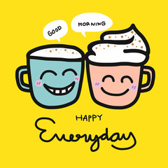 Happy everyday coffee cup cartoon illustration on yellow background