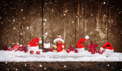 Christmas decoration in snow on wood, banner