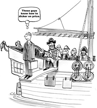 Black and white business cartoon showing pirates making the salesman walk the plank.