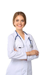 Fototapeta premium Portrait of young woman doctor with white coat standing