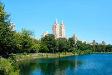 View of Central Park in New York with the Jacqueline Kennedy reservoir and the Central Park West skyline