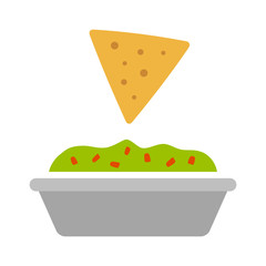 Tortilla chip or nachos tortillas with guacamole dip bowl flat color icon for apps and websites